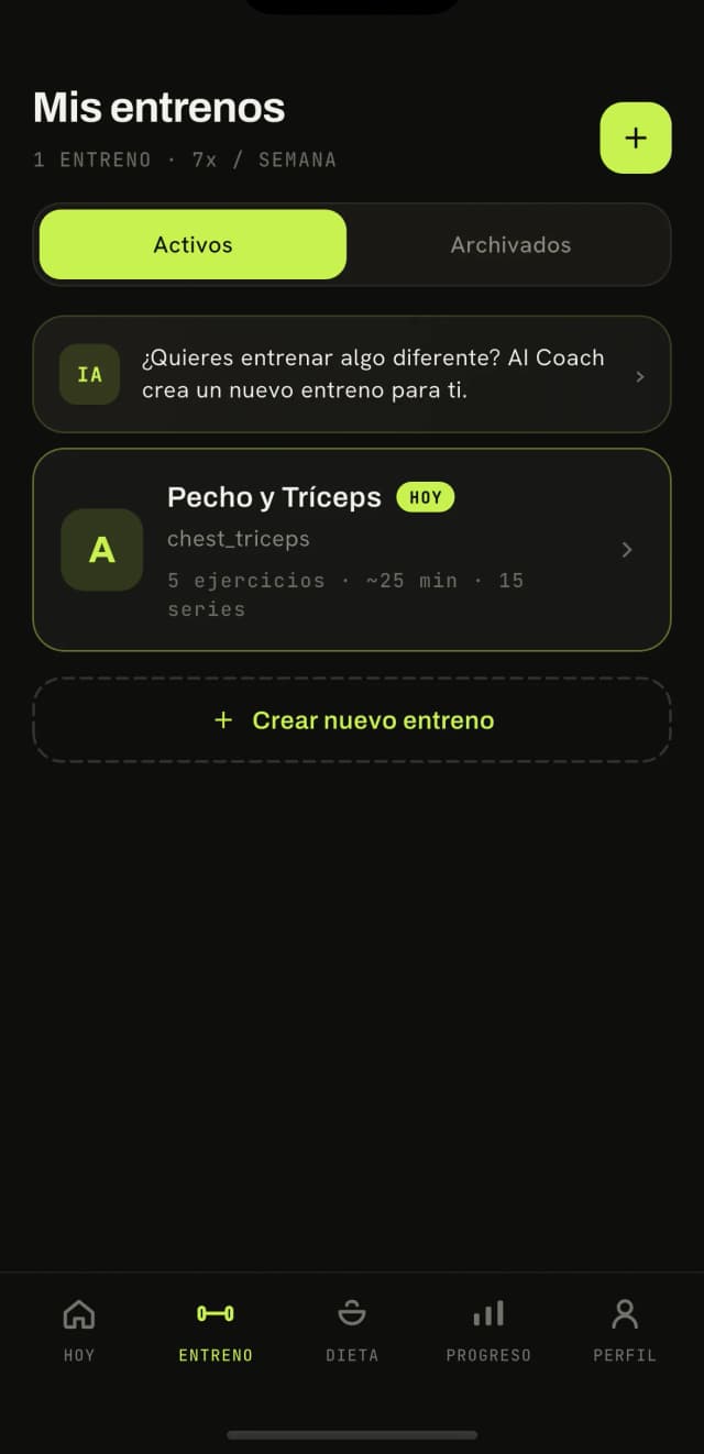 App Karven — pantalla de Entrenamientos