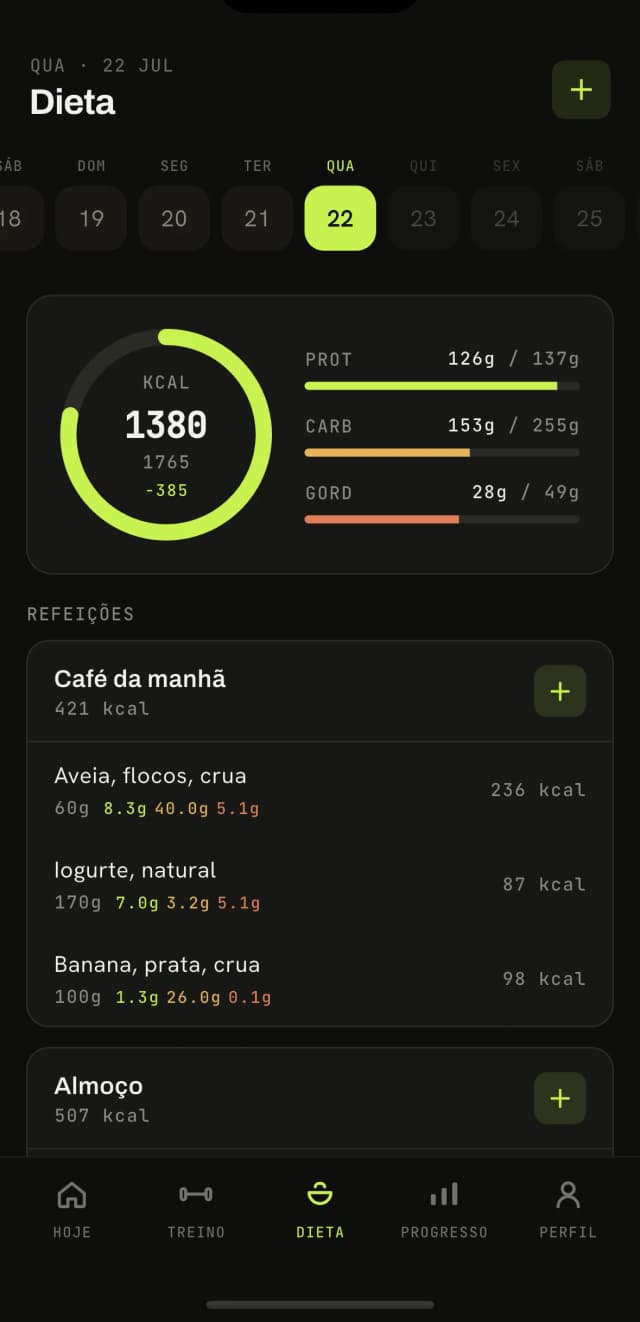 Tela de resumo do dia do app Karven
